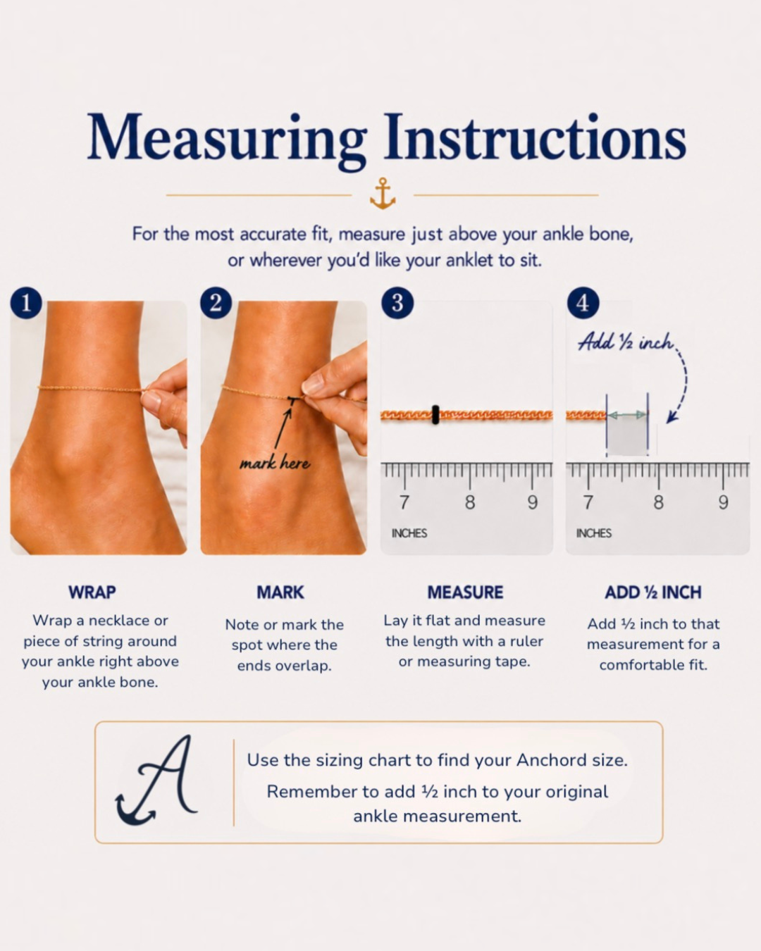 An instruction graphic titled 'Measuring Instructions' with four numbered steps showing how to measure an ankle bone, plus a ruler measurement example and sizing guidance.