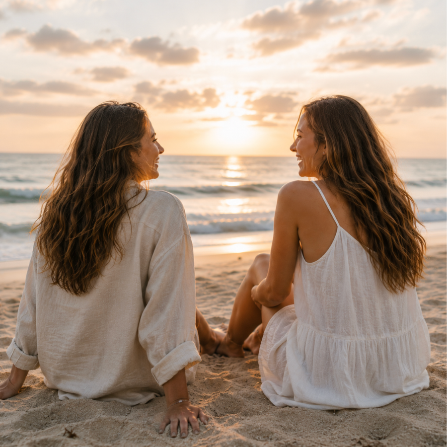 Two women sitting on a sandy beach facing the ocean at sunset, wearing loose white and cream linen dresses and faith anklets.