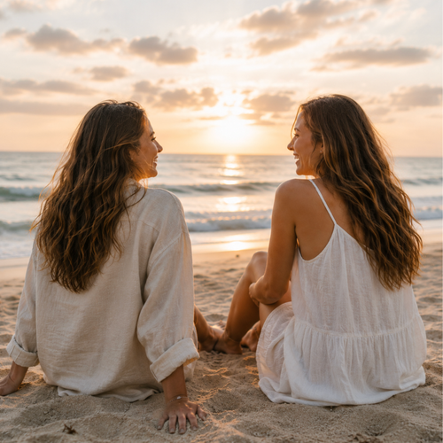 Two women sitting on a sandy beach facing the ocean at sunset, wearing loose white and cream linen dresses and faith anklets.