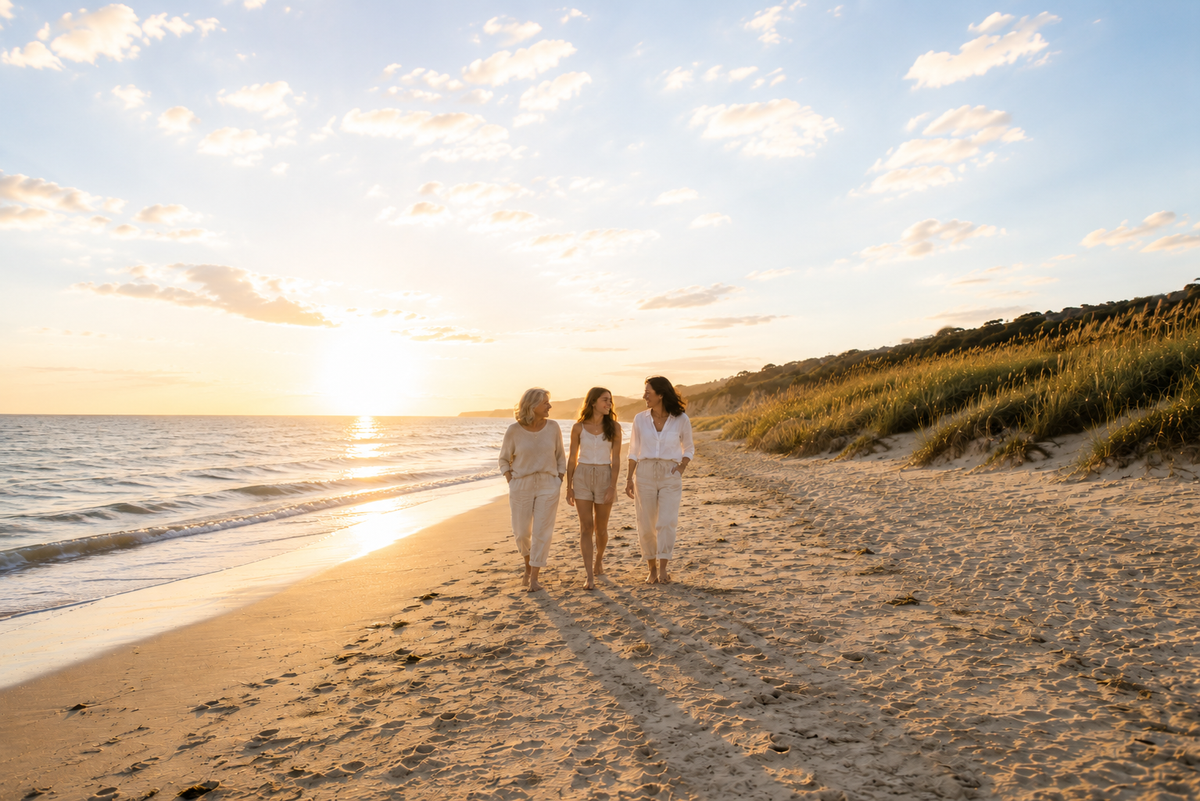 Three women walking on the beach at golden hour
